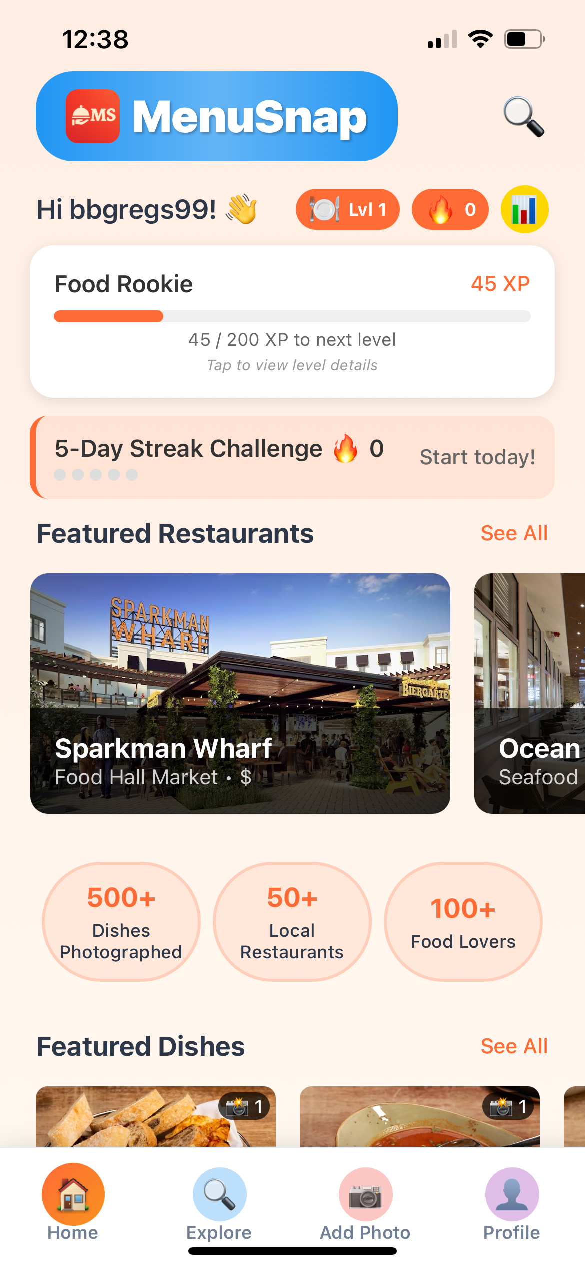 MenuSnap Home Screen - Featured Dishes